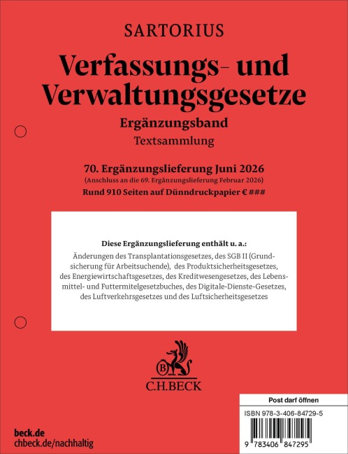 Verfassungs- und Verwaltungsgesetze. Ergänzungsband 70. Ergänzungslieferung - 
