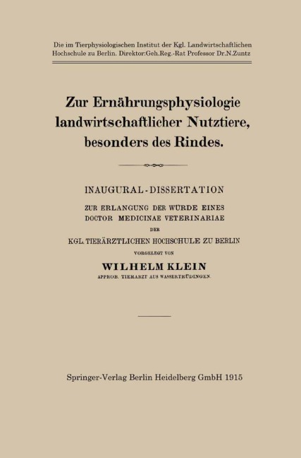 Zur Ernährungsphysiologie landwirtschaftlicher Nutztiere, besonders des Rindes - Wilhelm Klein