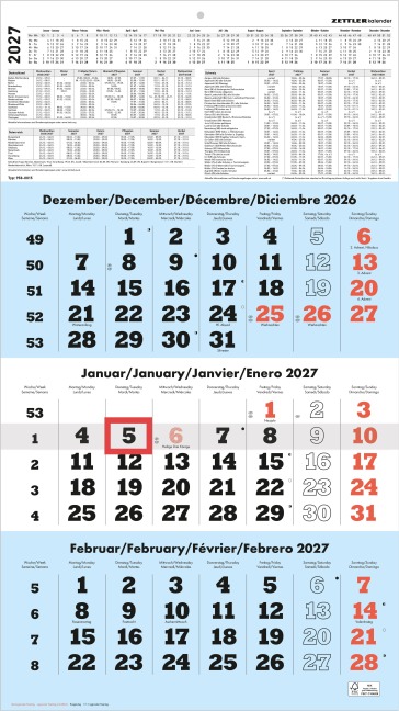 3-Monatskalender blau 2027 - 