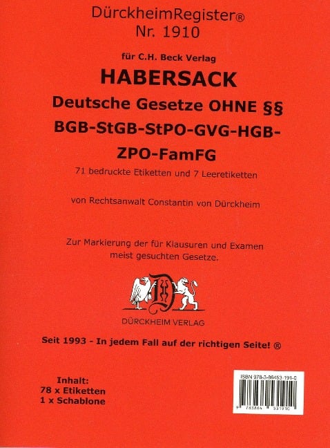 HABERSACK Akronyme OHNE einzelne §§ - §§ BGB-StGB-StPO-GVG-HGB-ZPO-FamFG - Constantin Dürckheim