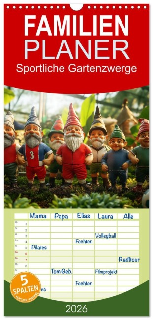 Familienplaner 2026 - Sportliche Gartenzwerge mit 5 Spalten (Wandkalender, 21 x 45 cm) CALVENDO - Mb Fotografie