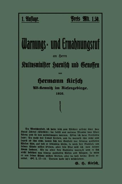Warnungs- und Ermahnungsruf an Herrn Kultusminister Haenisch und Genossen - Hermann Kirsch