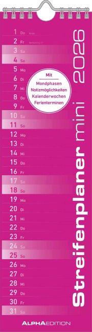 Streifenplaner Mini PINK 2026 - Streifenkalender - Wandplaner - Küchen-Kalender - 9,5x33 - 