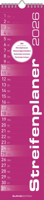 Streifenplaner PINK 2026 - Streifenkalender - Wandplaner - Küchen-Kalender - 11,3x49,5 - 