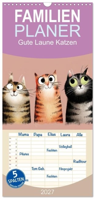 Familienplaner 2027 - Gute Laune Katzen mit 5 Spalten (Wandkalender, 21 x 45 cm) CALVENDO - Ally Bee