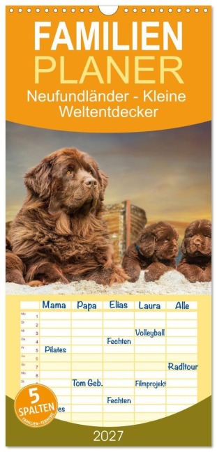 Familienplaner 2027 - Neufundländer - Kleine Weltentdecker mit 5 Spalten (Wandkalender, 21 x 45 cm) CALVENDO - Sigrid Starick