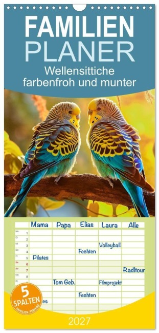 Familienplaner 2027 - Wellensittiche farbenfroh und munter mit 5 Spalten (Wandkalender, 21 x 45 cm) CALVENDO - Peter Roder