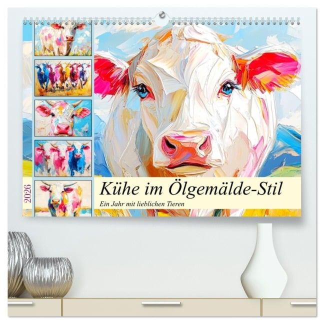Kühe im Ölgemälde-Stil. Ein Jahr mit lieblichen Tieren (hochwertiger Premium Wandkalender 2026 DIN A2 quer), Kunstdruck in Hochglanz - Rose Hurley