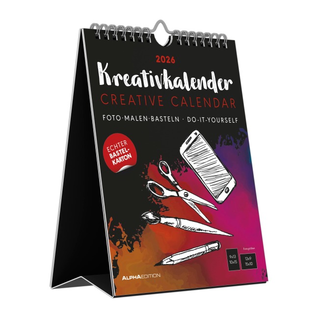 Kreativ-Kalender Tischaufsteller hoch schwarz 2026 - 16 x 20 - Foto, Malen, Basteln A4 - datiert - Kreativkalender - Foto-Kalender - Alpha Edition - 