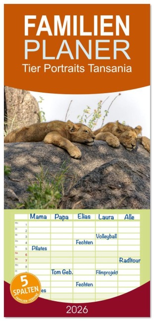 Familienplaner 2026 - Tier Portraits Tansania mit 5 Spalten (Wandkalender, 21 x 45 cm) CALVENDO - Peter Berschick