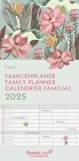 GreenLine Floral 2025 Familienplaner - Familien-Kalender - Kinder-Kalender - 22x45 - 