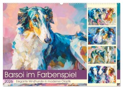 Cover-Bild zum Titel 'Barsoi im Farbenspiel. Elegante Windhunde in moderner Öloptik (Wandkalender 2026 DIN A2 quer), CALVENDO Monatskalender' von 'Rose Hurley'
