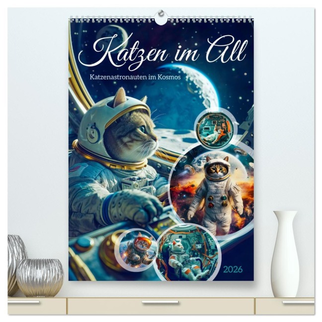Katzen im All - Katzenastronauten im Kosmos (hochwertiger Premium Wandkalender 2026 DIN A2 hoch), Kunstdruck in Hochglanz - Anja Frost