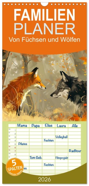 Familienplaner 2026 - Von Füchsen und Wölfen mit 5 Spalten (Wandkalender, 21 x 45 cm) CALVENDO - Daniela Tapper