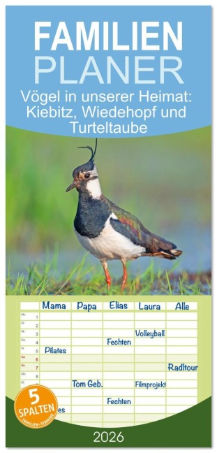Familienplaner 2026 - Vögel in unserer Heimat: Kiebitz, Wiedehopf und Turteltaube mit 5 Spalten (Wandkalender, 21 x 45 cm) CALVENDO - Calvendo Calvendo