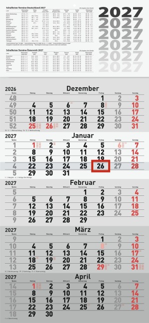 rido/idé 7033520007 5-Monatskalender 2027 grau, 300×630 mm - 