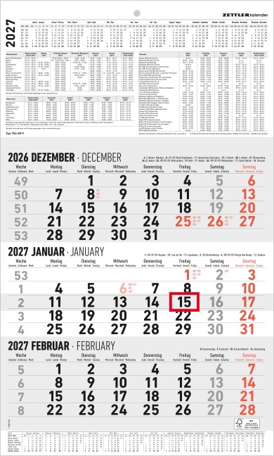 3-Monatskalender groß 2027 - 