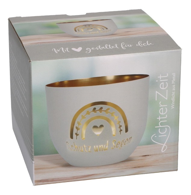 Butzon & Bercker Metallwindlicht Ø 9,2 cm - Windlicht salbeigrün-matt lackiert mit durchbrochenem Motiv, innen goldveredelt, in Geschenkverpackung - 