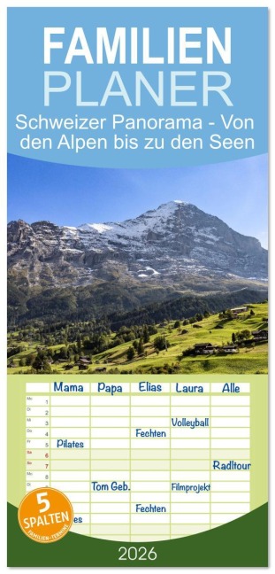 Familienplaner 2026 - Schweizer Panorama - Von den Alpen bis zu den Seen mit 5 Spalten (Wandkalender, 21 x 45 cm) CALVENDO - AkremaFotoArt AkremaFotoArt