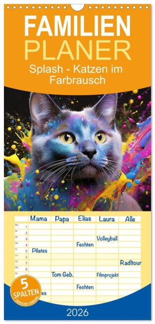 Familienplaner 2026 - Splash - Katzen im Farbrausch mit 5 Spalten (Wandkalender, 21 x 45 cm) CALVENDO - Fotodesign Verena Scholze