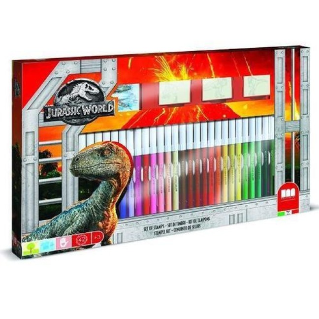 JURASSIC WORLD - Malset XL, 41-tlg., inkl. Malbuch & Stempel - 