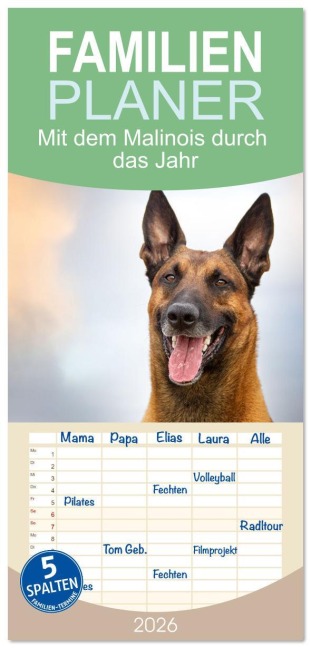 Familienplaner 2026 - Mit dem Malinois durch das Jahr mit 5 Spalten (Wandkalender, 21 x 45 cm) CALVENDO - Martina Wrede - Wredefotografie