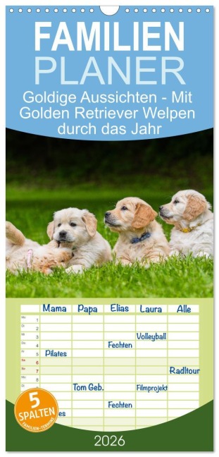 Familienplaner 2026 - Goldige Aussichten - Mit Golden Retriever Welpen durch das Jahr mit 5 Spalten (Wandkalender, 21 x 45 cm) CALVENDO - Sigrid Starick