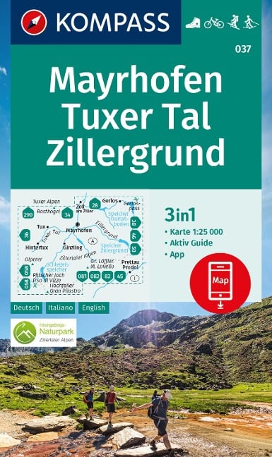 KOMPASS Wanderkarte 037 Mayrhofen, Tuxer Tal, Zillergrund 1:25.000 - 