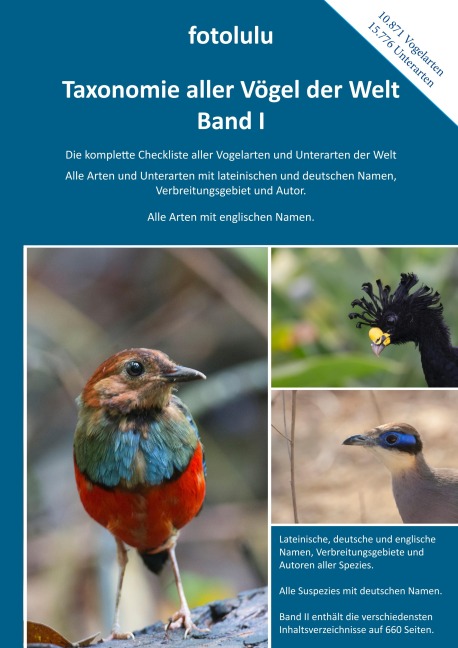 Taxonomie aller Vögel der Welt - Band I - Fotolulu