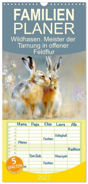 Familienplaner 2027 - Wildhasen. Meister der Tarnung in offener Feldflur mit 5 Spalten (Wandkalender, 21 x 45 cm) CALVENDO - Rose Hurley
