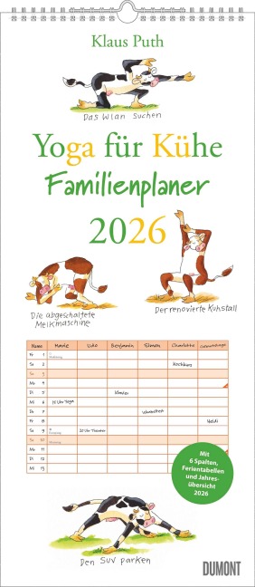 Yoga für Kühe Familienplaner 2026 - Wandkalender - Familien-Kalender mit 6 Spalten - Format 22 x 49,5 cm - 