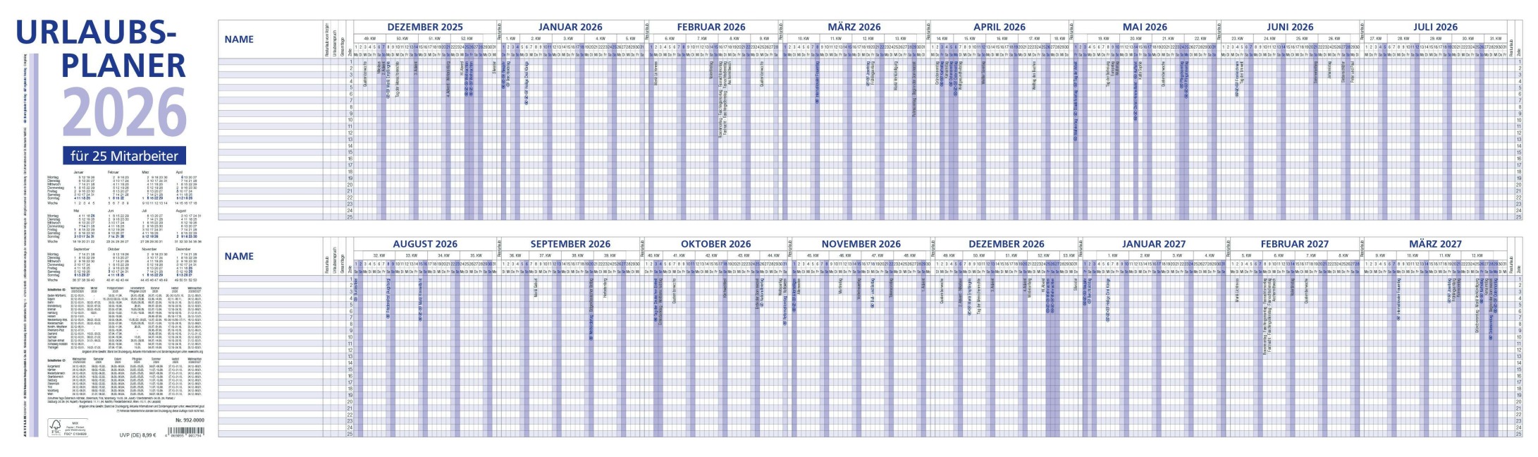 Urlaubsplaner 2026 100x29,7 - 16 Monate- Wandplaner - gefalzt - für 25 Personen - 992-0000 - 