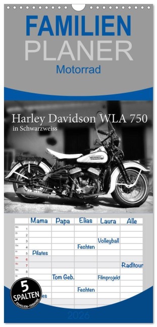 Familienplaner 2026 - Harley Davidson WLA 750 in Schwarzweiss mit 5 Spalten (Wandkalender, 21 x 45 cm) CALVENDO - Ingo Laue