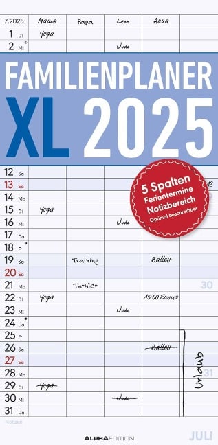 Familienplaner XL 2025 mit 5 Spalten - Familien-Timer 22x45 cm - Offset-Papier - mit Ferienterminen - Wand-Planer - Familienkalender - Alpha Edition - 
