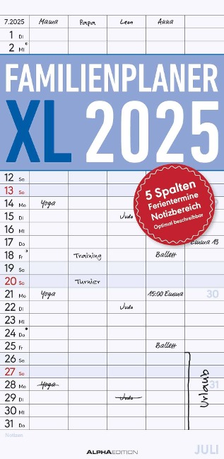 Familienplaner XL 2025 mit 5 Spalten - Familien-Timer 22x45 cm - Offset-Papier - mit Ferienterminen - Wand-Planer - Familienkalender - Alpha Edition - 