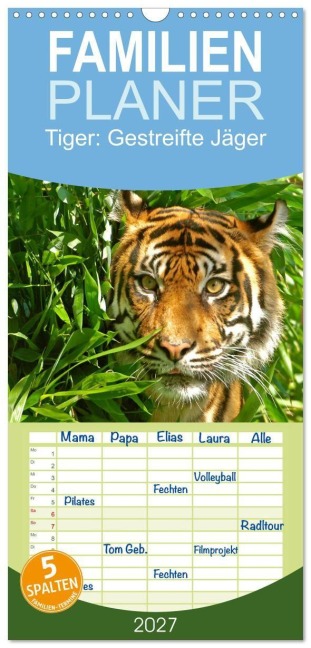 Familienplaner 2027 - Tiger: Gestreifte Jäger mit 5 Spalten (Wandkalender, 21 x 45 cm) CALVENDO - Calvendo