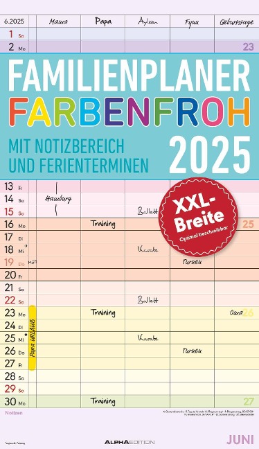 Familienplaner Farbenfroh 2025 mit 5 Spalten - Familienkalender 26x45 cm - Offset-Papier - mit Ferienterminen - Wandkalender - Wandplaner - 