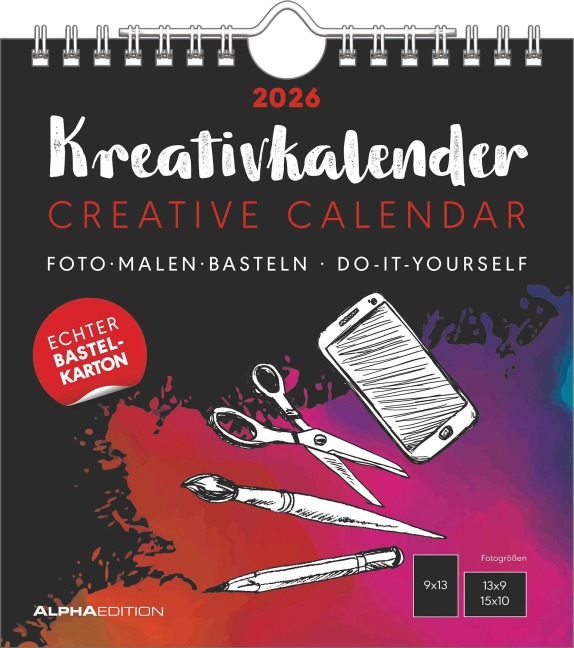 Kreativ-Kalender schwarz 2026 - 16x17 cm - Foto, Malen, Basteln - datiert - Kreativkalender - Foto-Kalender - Alpha Edition - 