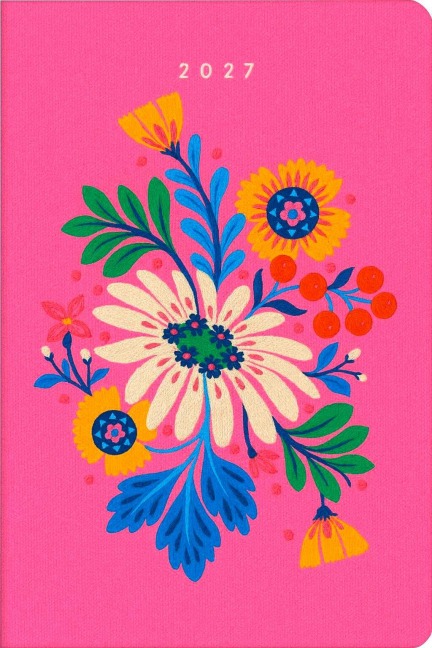Taschenkalender A6 2027: Blütenmotiv, bestickt, pink - 