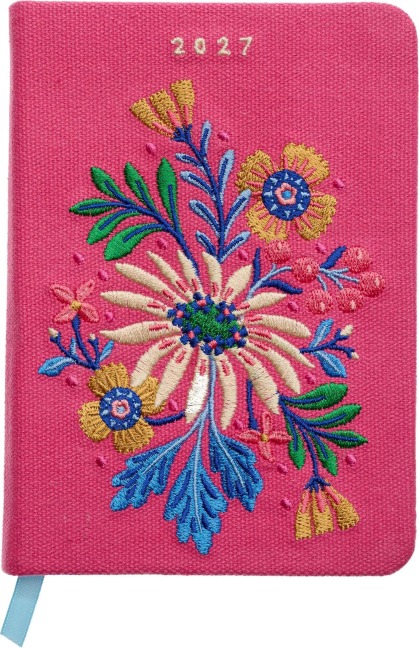 Taschenkalender A6 2027: Blütenmotiv, bestickt, pink - 