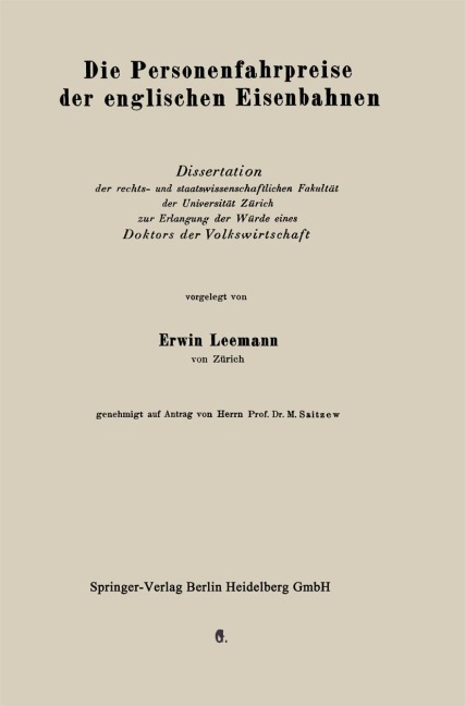 Die Personenfahrpreise der englischen Eisenbahnen - Erich Leemann