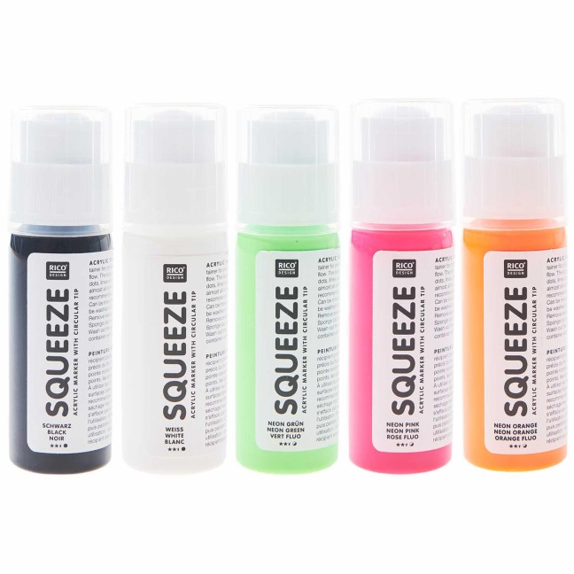 Squeeze Marker, 5x60ml Neon Set (Neon Orange / Neon Pink / Neon Grün / Weiß / Schwarz) - 