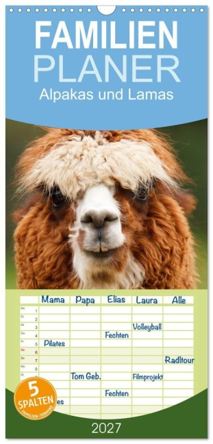 Familienplaner 2027 - Alpakas und Lamas mit 5 Spalten (Wandkalender, 21 x 45 cm) CALVENDO - Elisabeth Stanzer