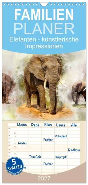 Familienplaner 2027 - Elefanten - künstlerische Impressionen der größten noch lebenden Landtiere mit 5 Spalten (Wandkalender, 21 x 45 cm) CALVENDO - Peter Roder