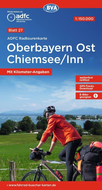 ADFC-Radtourenkarte 27 Oberbayern Ost Chiemsee/Inn 1:150.000, reiß- und wetterfest, E-Bike geeignet, GPS-Tracks Download, mit Bett+Bike Symbolen, mit Kilometer-Angaben - 