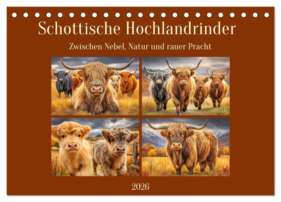 Schottische Hochlandrinder. Zwischen Nebel, Natur und rauer Pracht (Tischkalender 2026 DIN A5 quer), CALVENDO Monatskalender - Rose Hurley
