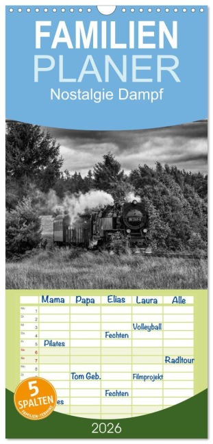 Familienplaner 2026 - Nostalgie Dampf mit 5 Spalten (Wandkalender, 21 x 45 cm) CALVENDO - Marion Maurer