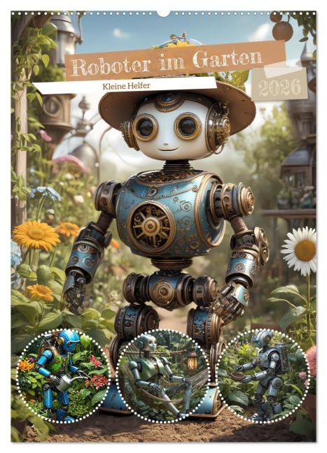 Roboter im Garten - Kleine Helfer (Wandkalender 2026 DIN A2 hoch), CALVENDO Monatskalender - Stanley Hinz