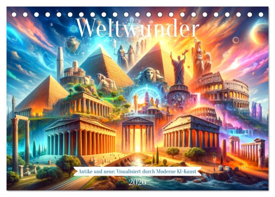 Weltwunder: Antike und neue: Visualisiert durch Moderne KI-Kunst (Tischkalender 2026 DIN A5 quer), CALVENDO Monatskalender - Marco Warstat