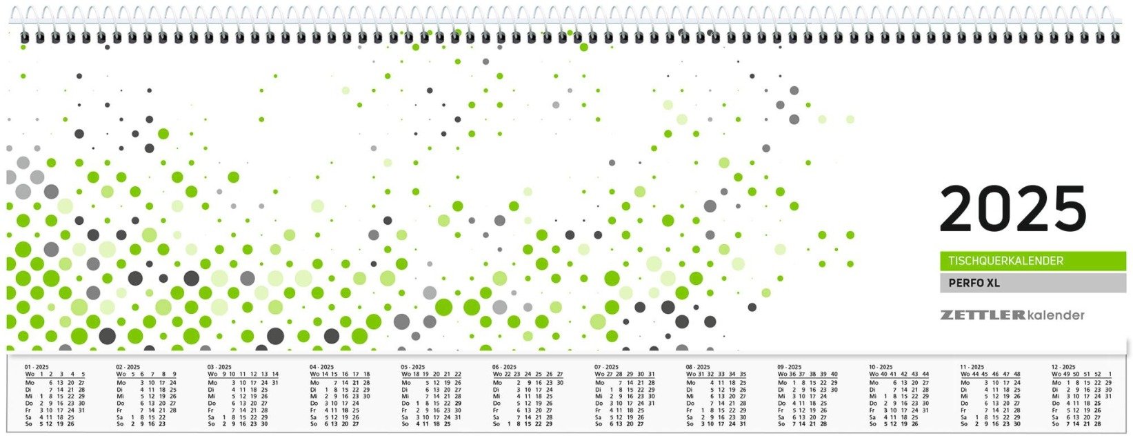 Tischquer-Kalender 2025 36,2x13,6 - 1W/2S grün/weißes Papier - verlängerte Rückwand - grün - Bürokalender 36,2x13,6 - 1 Woche 2 Seiten - Stundeneinteilung 7-20 Uhr - 137-0013-1 - 